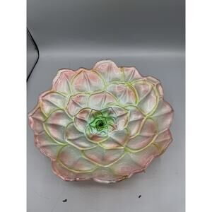Vintage Frosted Glass Lotus Flower Bowl Pink Green Satin Art Glass